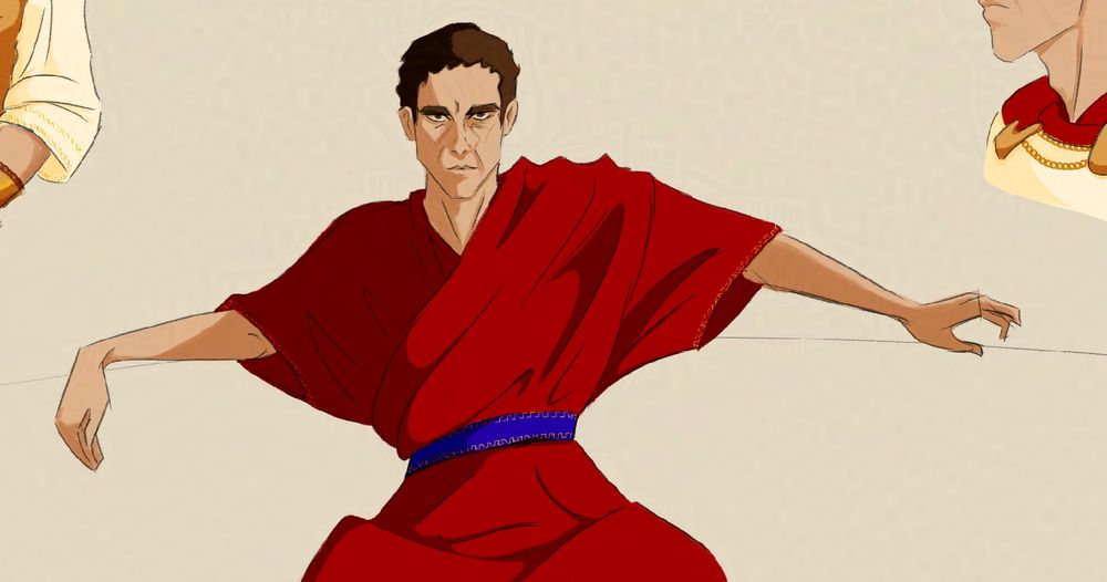 My OC Lucius in a red robe and leaning back with his arms spread 