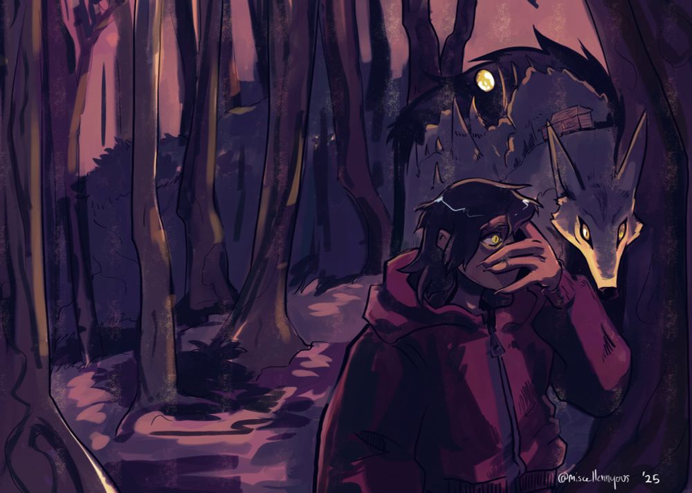 Illustration of a young woman covering her face. She has glowing eyes. Behind her is a looming wolf, encompassed in its body is a scene of a full moon over a cabin in the woods.