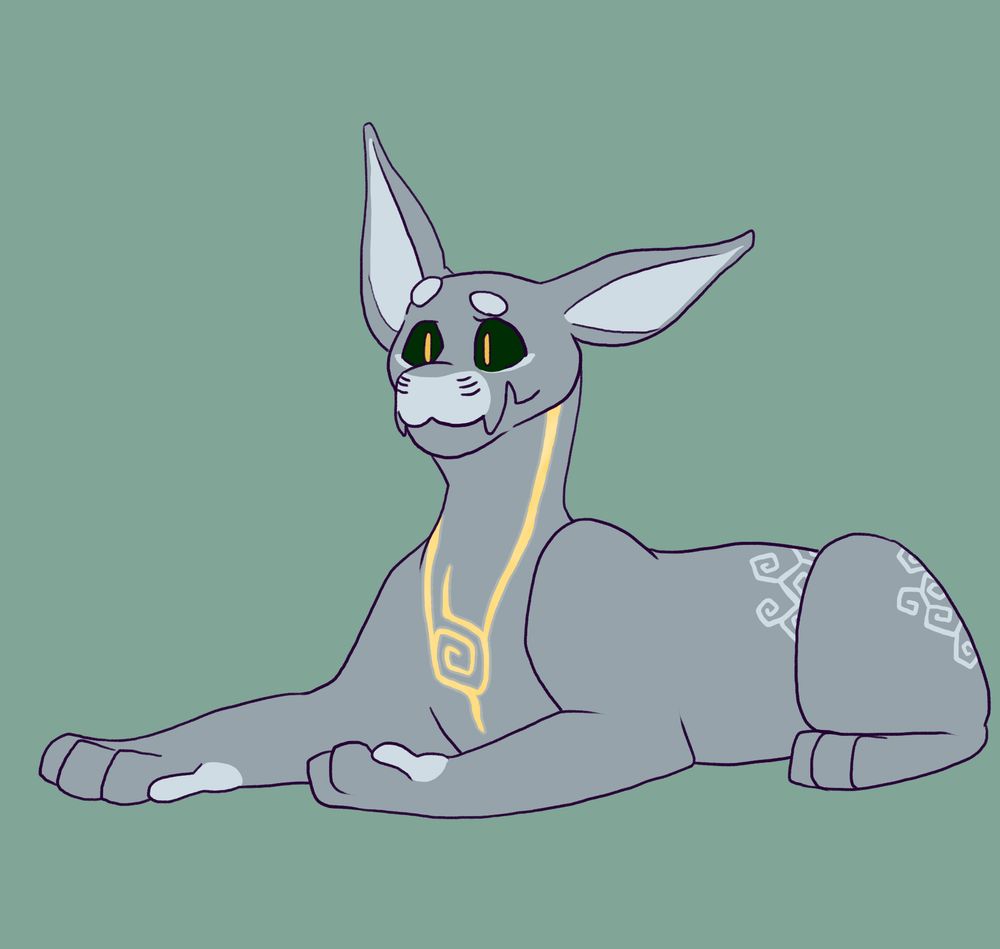 A gray, four-legged creature, looking mildly concerned as it rests.