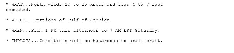 * WHAT...North winds 20 to 25 knots and seas 4 to 7 feet
expected.

* WHERE...Portions of Gulf of America.

* WHEN...From 1 PM this afternoon to 7 AM EST Saturday.

* IMPACTS...Conditions will be hazardous to small craft.