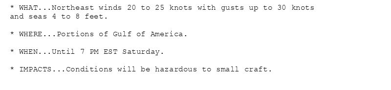 * WHAT...Northeast winds 20 to 25 knots with gusts up to 30 knots
and seas 4 to 8 feet.

* WHERE...Portions of Gulf of America.

* WHEN...Until 7 PM EST Saturday.

* IMPACTS...Conditions will be hazardous to small craft.