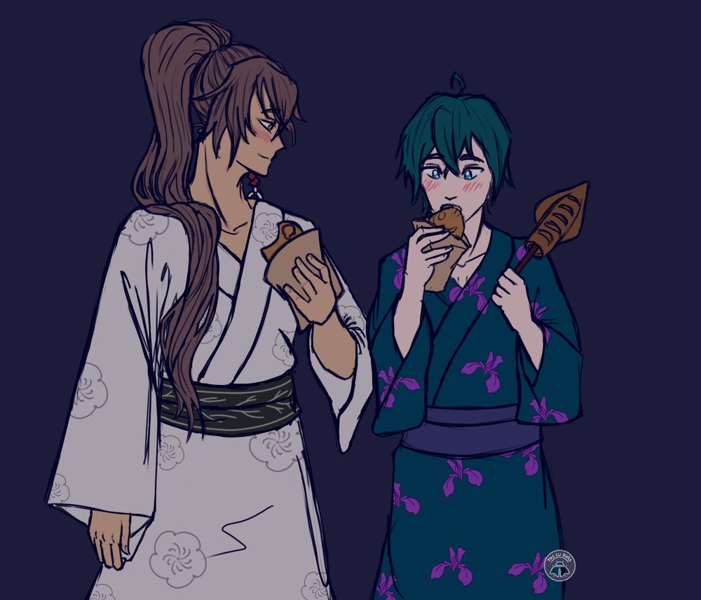 Rune Factory Guardians of Azuma characters Subaru and Watarase, enjoying festival foods in yukata