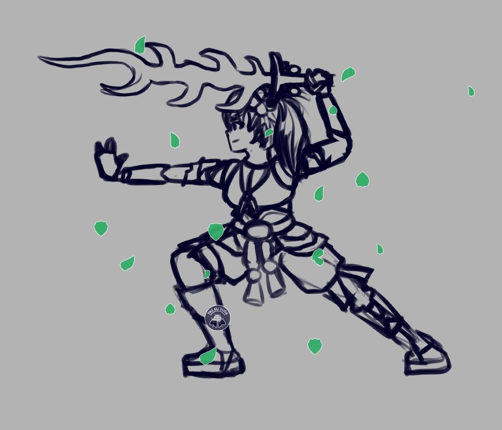 A sketch of a woman holding a sword in a sword dance pose

Character is Matsuri from Rune Factory: Guardians of Azuma