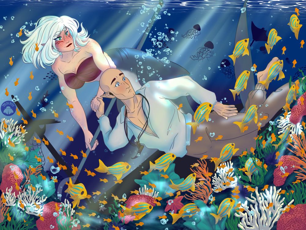 Solavellan piece from Dragon Age, done for MerMay. Solas and Mermaid!Inquisitor underwater, looking at fish and coral