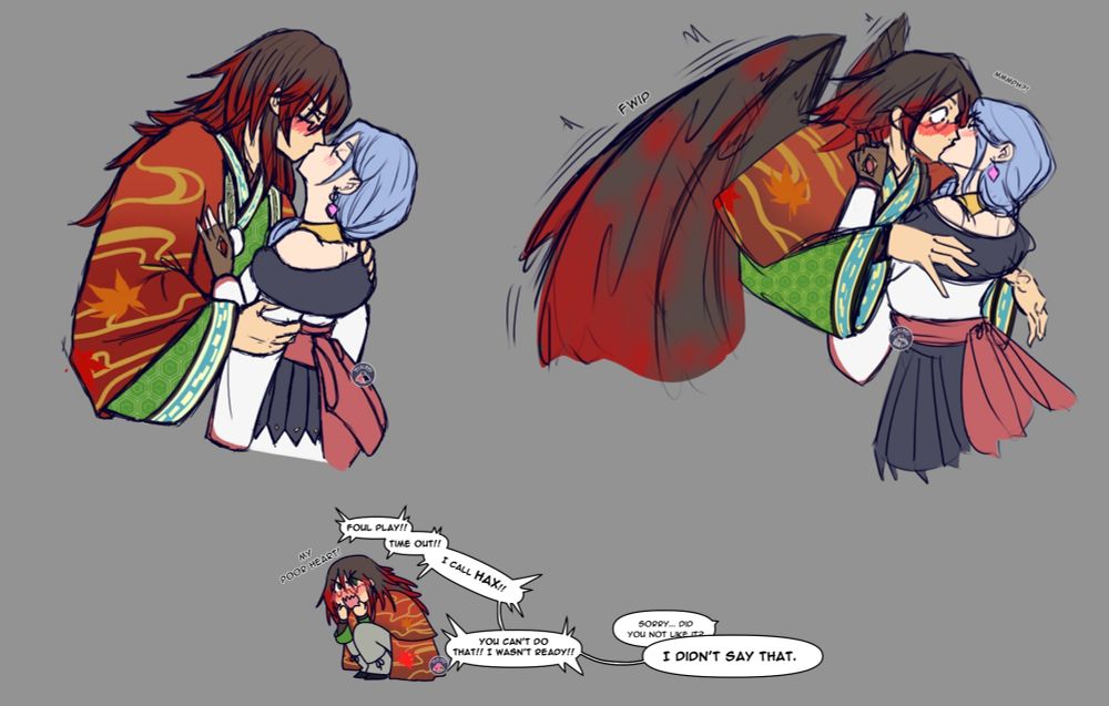 Guardians of Azuma comic

Kurama getting kissed and then freaking out about it 

"Foul play! Time out! I call HAX! My poor heart! You can't do that! I wasn't ready!!"

"Sorry... Did you not like it?"

"I didnt say that."