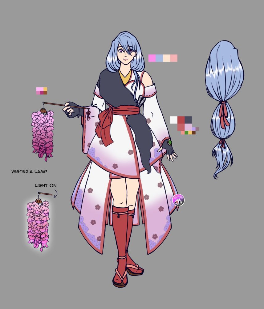 Character sheet of an OC. She stands in a straight postured pose, holding a lantern that looks like wisteria