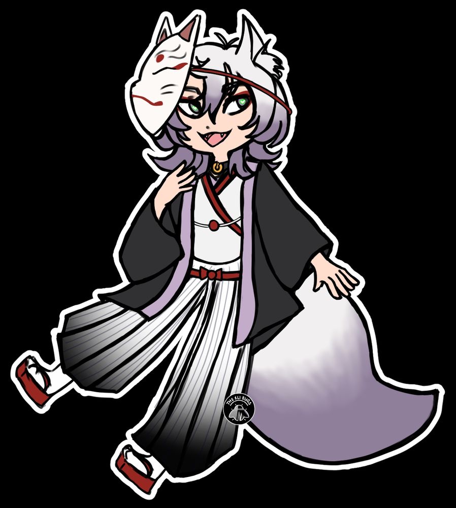 Art commission - a young fox boy with a kitsune mask grinning playfully