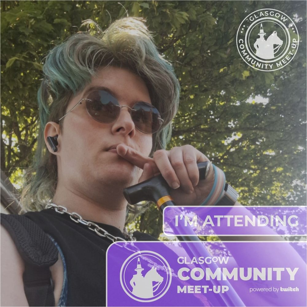 Photo of Trans Man Oni with blueish hair, with purple boxes at bottom right saying I'M ATTENDING
GLasgOW COMMUNITY MEET-UP
POWERED BY TWITCH. Logo shows the glasgow cone man.