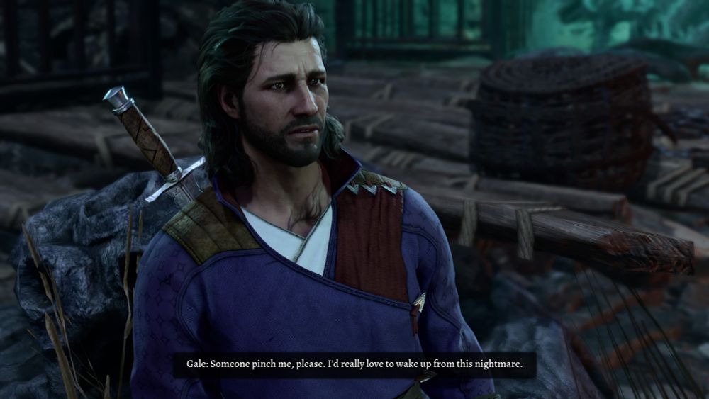 Wizard Gale from baldurs gate 3 with long hair and facial hair. Dialogue says: Someone pinch me, please. I'd really love to wake up from this nightmare.