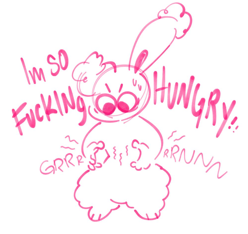 image 1 of 3. a buneary with a grumbling stomach angrily says to themself "i'm so fucking hungry!!" 