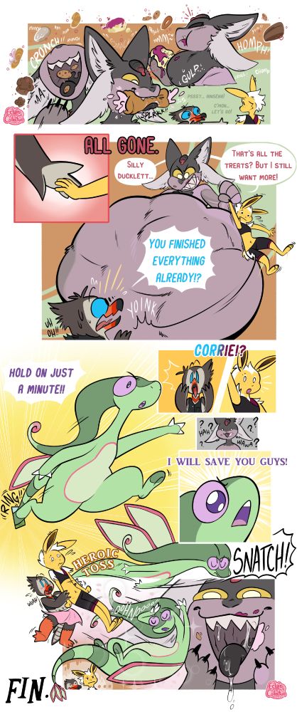 Page 3 of 3 of a pokemon vore comic. 
Panel 1: Aptyr uses her telecenetic powers to levetate food over to her, eating it all. She crunches cookies, messily slurps up eclairs, and devours huge cakes. In the corner of the panel, small renditions of Cam and Ginseng get closer together, with Cam reaching out a feathered hand. They whisper to Ginseng, "Psst, ginseng! C'mon, let's go!"
Panels 2 and 3: Just before Cam and Ginseng can hold hands and escape together, Aptyr announces, "All gone." She's finished all the baked goods. Hoisting Ginseng up, Cam is surprised by her huge, looming stomach. They exclaim, "You finished everything already!?" Aptyr says, "Silly ducklett. That's all the treats? But I still want more!" 
Panels 4 through 7: Suddenly, Corrie the flygon bursts through the bakery's front door. They are the owner of the shop. They shout, "Hold on just a minute!" Cam and Ginseng exclaim with surprise upon seeing their boss. Aptyr looks absolutely befuddled by the sudden appearance. Corrie's eyes shine bright as they tell the others, "I will save you guys!" Corrie snatches Ginseng from Aptyr's grip, heroically tossing him back towards Cam. The shorter bird stumbles, but manages to catch Ginseng. 
Panel 8: With immense drama, Corrie appears to fall into Aptyr's grinning maw. Aptyr seems delighted with their klutzy new prey. Corrie is covered in sparkles and blushes as they say, "Ohhhh noooo!" while they fall into the pred's waiting mouth. In the bottom corner, Cam and Ginseng observe these developments and don't seem surprised at all. 