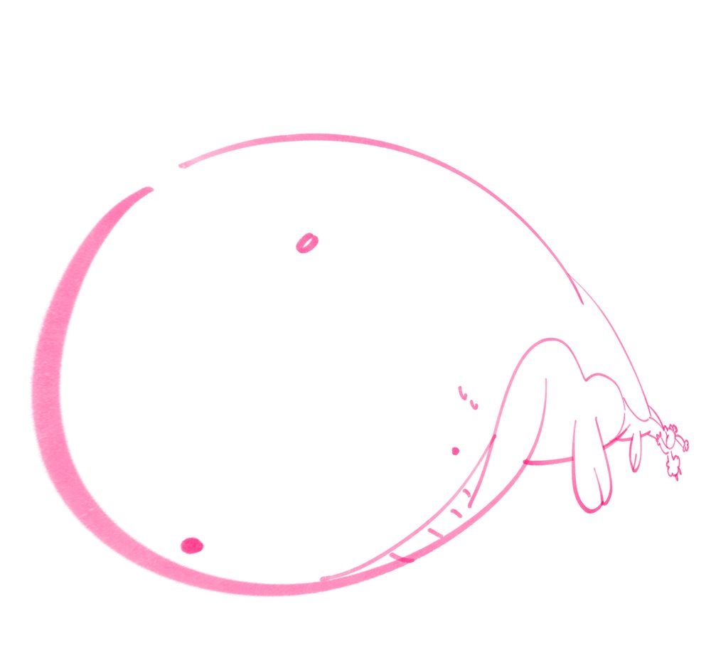 image 2 of 3. the buneary is seen shoving a wailord into their mouth. the perspective is skewed, making the buneary look very small and the wailord's head very close tot he viewer. the wailord's expression is fairly blank but it's sweating a little. 