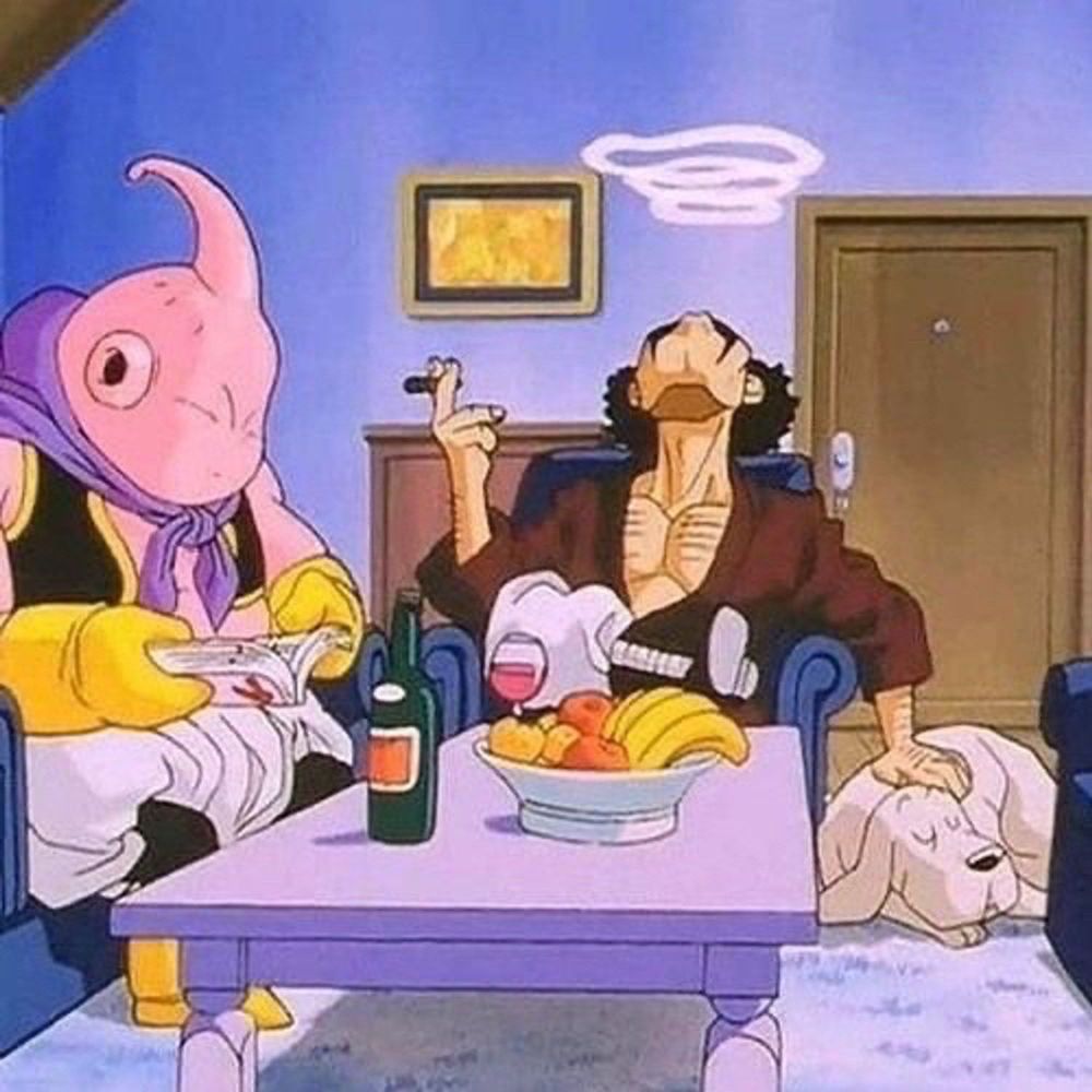 majin buu & mr. satan chilling. buu is reading a magazine and mr. satan is petting a dog. wine and fruit are at the table in front of the two lounging