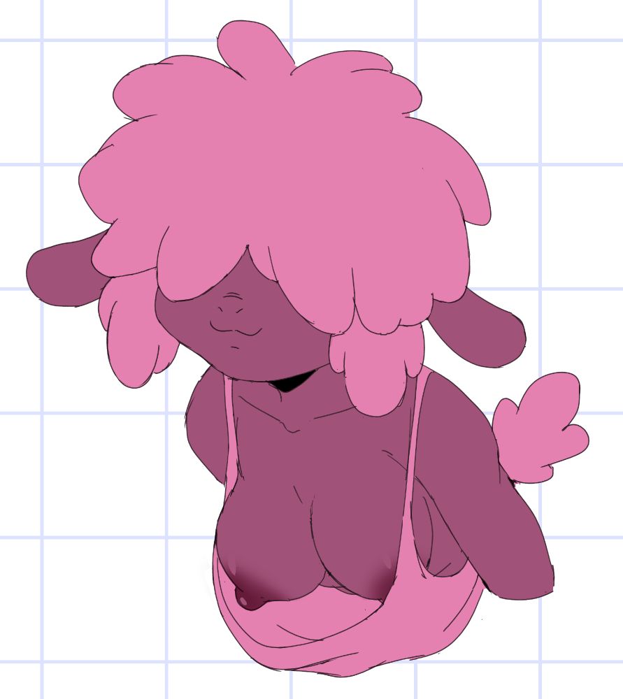 A dark skinned lamb girl wearing a very loose-fitting tank top and no bra leans over so the viewer can see her breasts. Her eyes are covered by a head full of wool in a fro-like hairstyle.