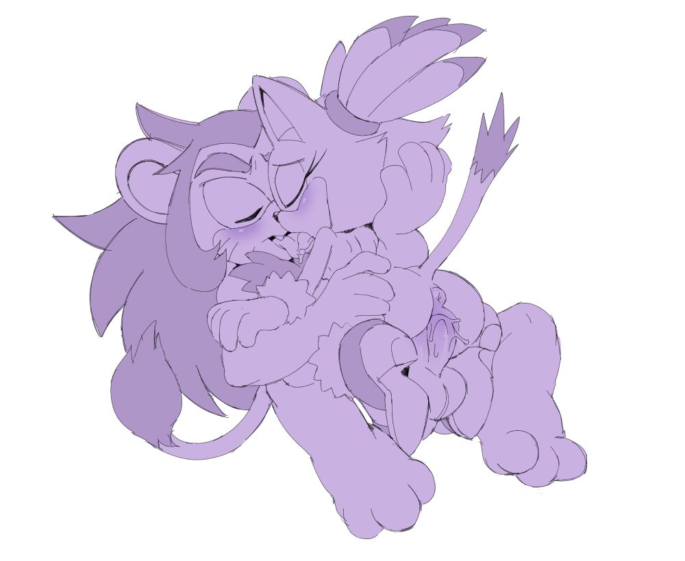 King Shishio the Lion and Blaze the Cat making love while French kissing. Blaze is riding his cock while Shishio holds her hips and the back of her head. Both of their eyes are closed.