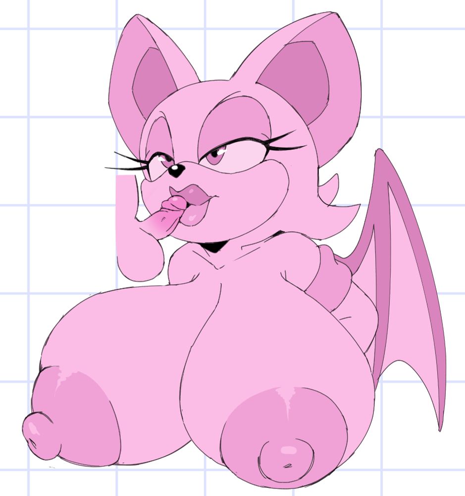 A bimboified Rouge the Bat drawn as a bust sketch. She has plump lips, huge tits, puffy areolas and thick nipples. She is giving a pathetically small dick a kiss as she looks up with sexy confidence at the owner of the tiny dick, who is offscreen but implied.