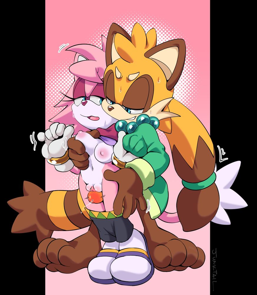 Senshion the Cat and Maru the Red Panda, characters created by Senshion, engaged in thigh-fucking while standing. Maru is squeezing one of Senshion's breasts, his other hand holding onto her thigh. Senshion grabs onto Maru's kimono in their moment of passion (and for stability.) #sonic #furry #sonicoc 