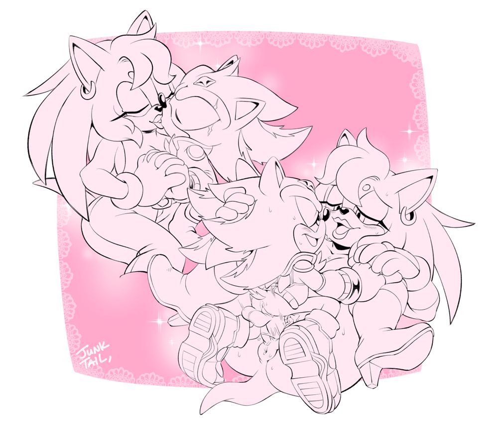 A tall female hedgehog named Gaia and an average-height male hedgehog named Hybrid, both Sonic fan characters owned by LeatherRuffian, being sweet and intimate in a Valentine's styled illustration. In one shot they are kissing sweetly, and in the other they are making love in a mating press position.