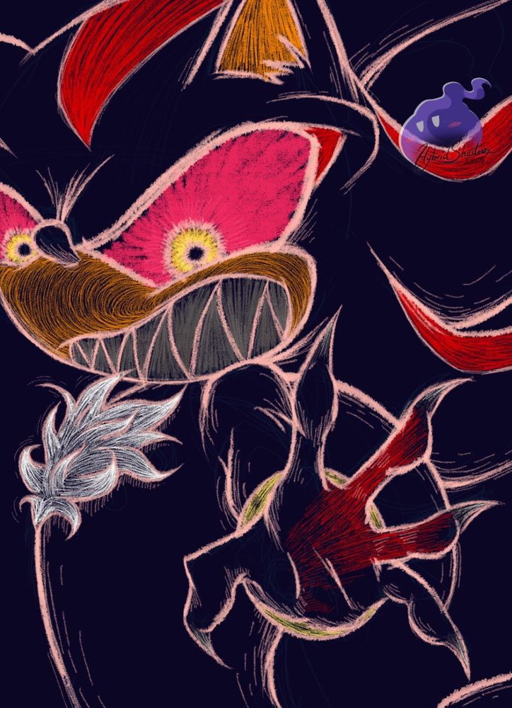 A doodle of a ghost version of Shadow of the Hedgehog. His eyes and mouth are the same as those you’d find on Boom Boo ghosts: magenta sclera with yellow pupils and gray teeth. He’s snarling at the you, god knows why, but his clawed hand is reaching towards you and you should probably run.