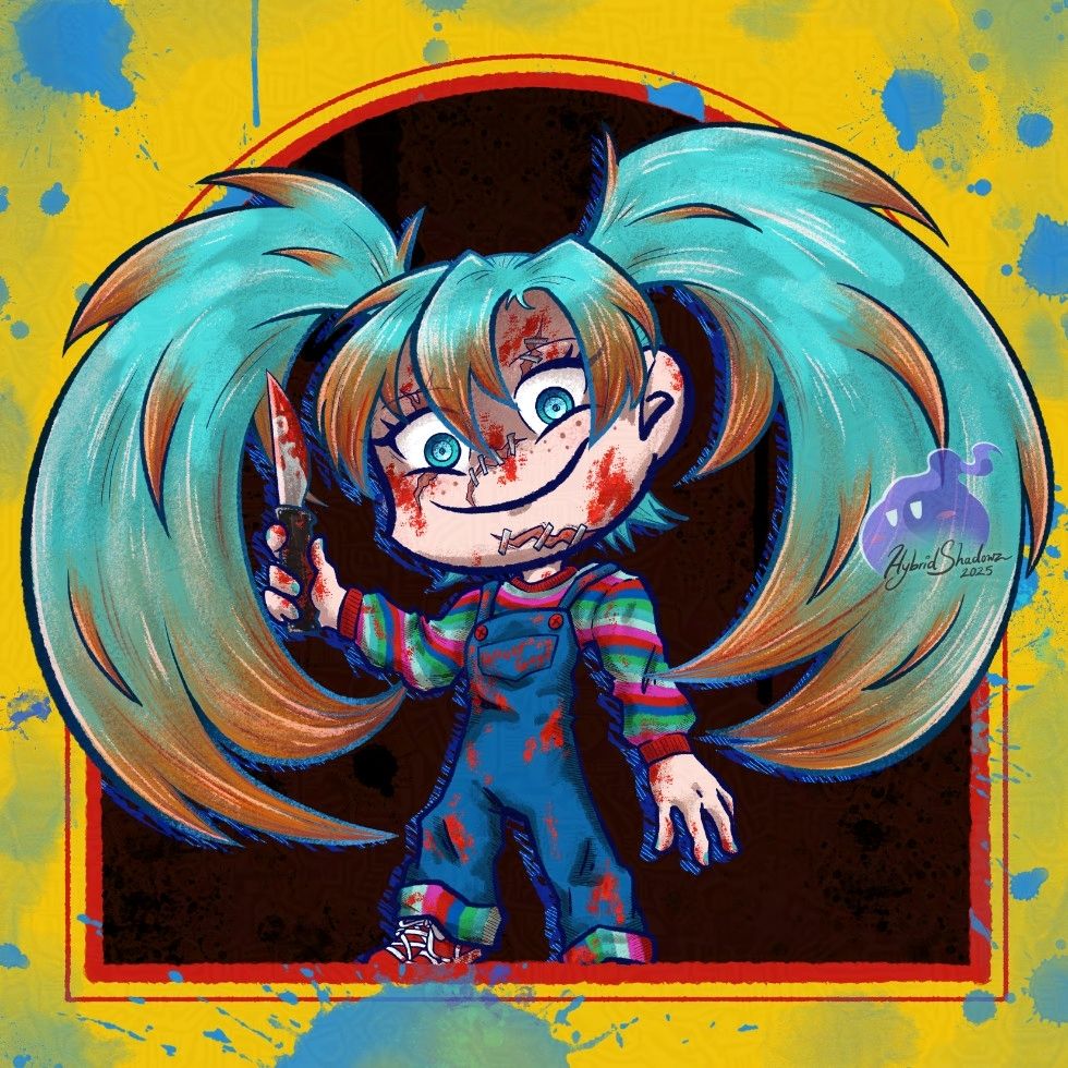 Artwork of Hatsune Miku as the horror films icon Chucky. She's in chibi style and wearing the same overalls and sweater Chucky is known for.