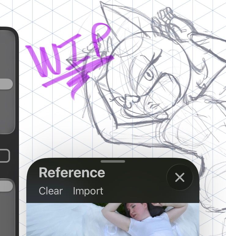 Screenshot of the artist's Procreate screen. It shows a rough sketch of Rouge the bat and a cropped reference photo.