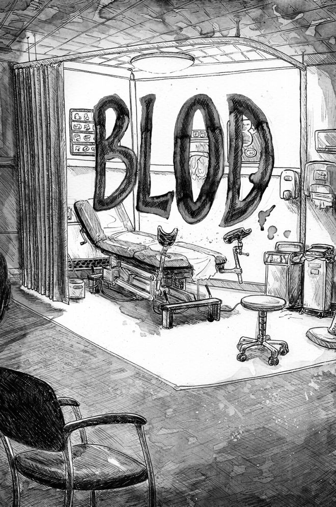 Cover to Jennie Gyllblad's horror comic BLOD - In a dim deserted hospital exam room, an empty examination couch, with foot stirrups at one end, is illuminated by a bright ceiling light. There appears to be smears of blood on the wall. The word "Blod" floats above the couch in a clotted sanguinary font... *shudder*