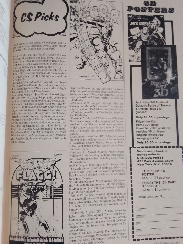 CS Picks feature, with cover previews od American Flagg by Howard Chaykin, and Thor by Walt Simonson.

Also features an ad for 3D posters - Jack Kirby, and Friday The 13th Part 3 3D