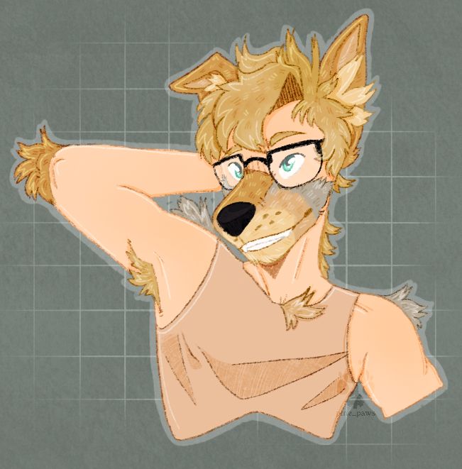A blond boy with a coyote muzzle and ears wearing a skin tone binder and glasses. His left arm is raised behind his head and he’s grinning a little. 