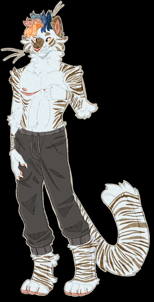 A white tiger with brown stripes wearing grey sweats. Brightly colored hair and top surgery scars