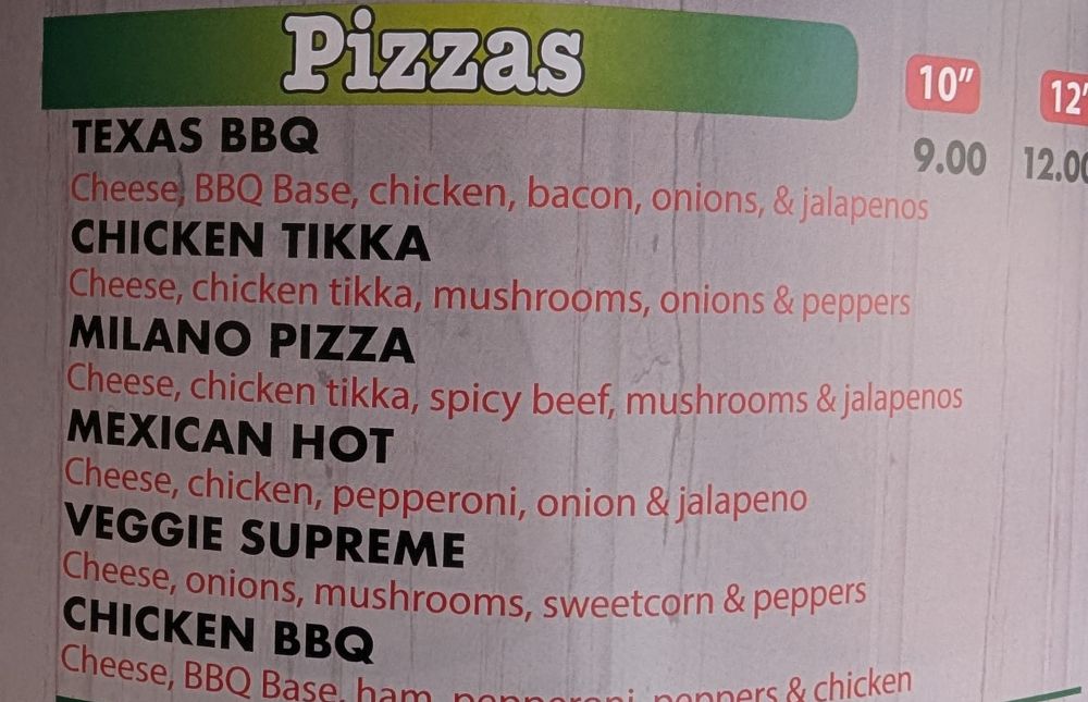 Menu item for a Milano Pizza featuring cheese, chicken tikka, spicy beef, mushroom & jalapenos 