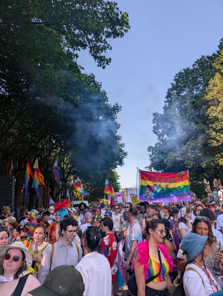 Colourful sea of people as part of Bristol Pride 2025 march