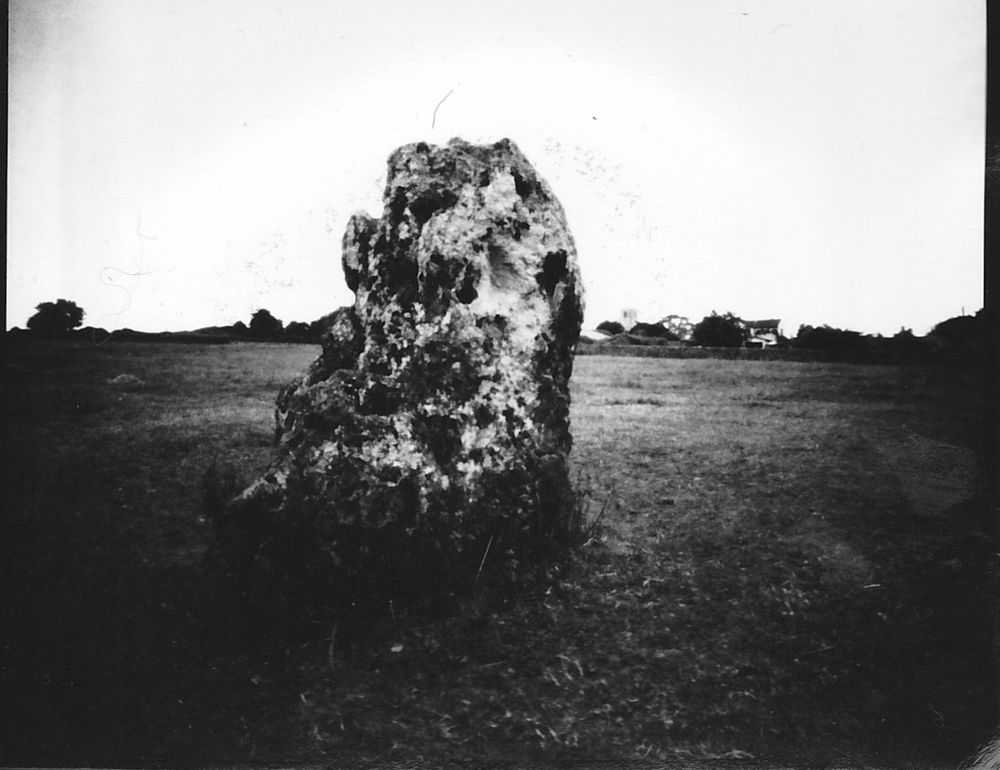 Black and white Pinhole photograph of standing stone at Stanton Drew