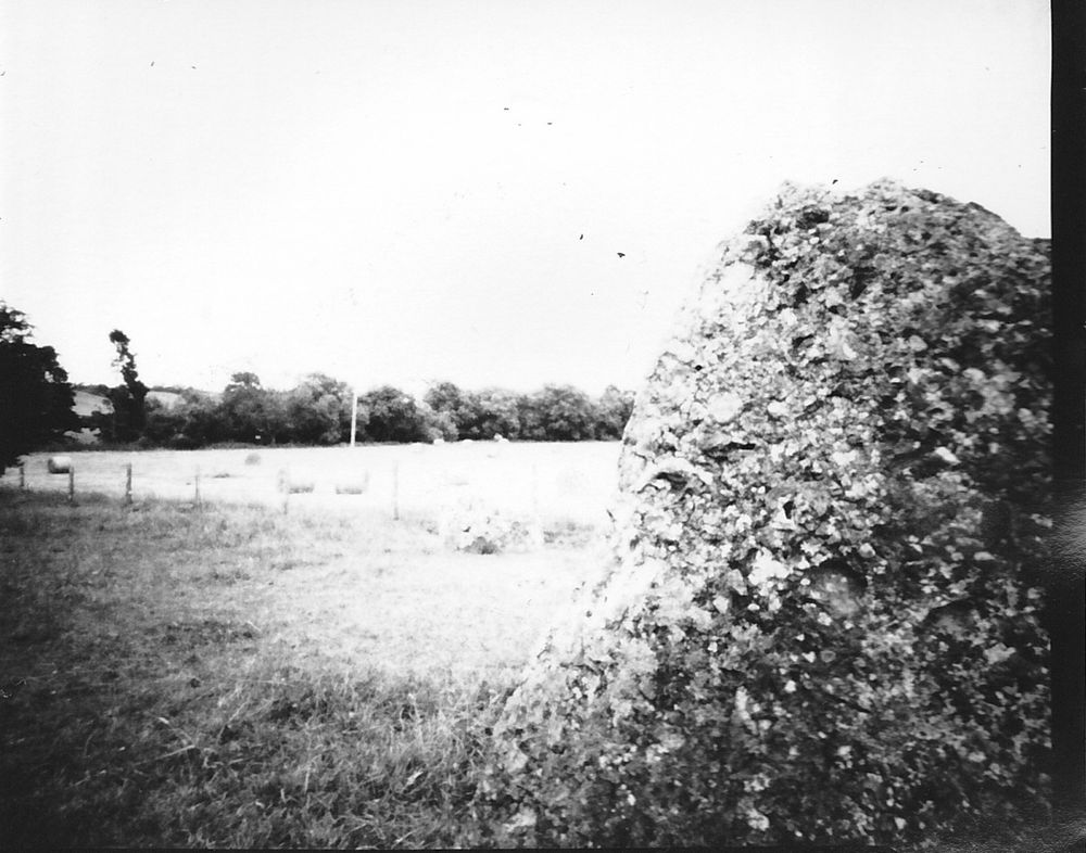 Black and white Pinhole photograph of standing stone at Stanton Drew