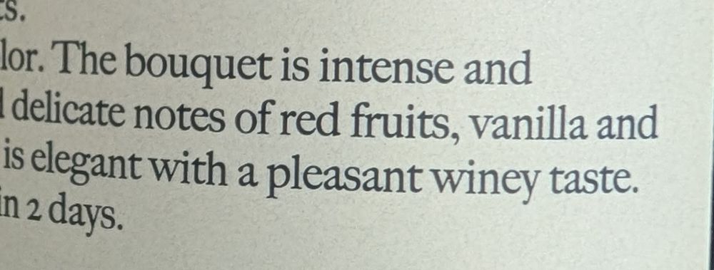 Flavour notes from a wine label reading "a pleasant winey taste"