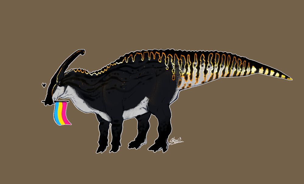 A navy blue parasaurolophus with a white underbelly, a black upper body and brilliant gold markings standing with a tiny pansexual pride flag in its mouth. And of course a tiny heart next to it 