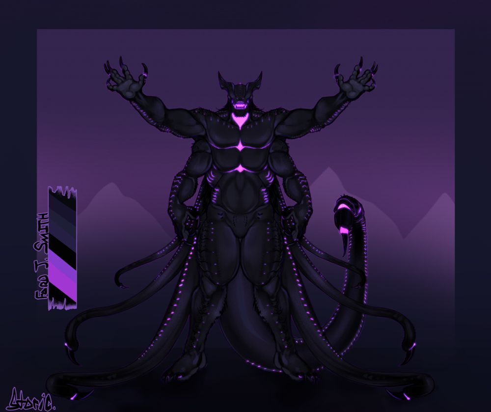 A humanoid with no eyes, a large mouth, small nostrils, a set of tall curved horns and many limbs. He has a total of four arms, six tentacles, two legs and a tail. He is coated in scales and quills.
He is also decorated in neon pink-purple patterning, but is otherwise a very deep black.