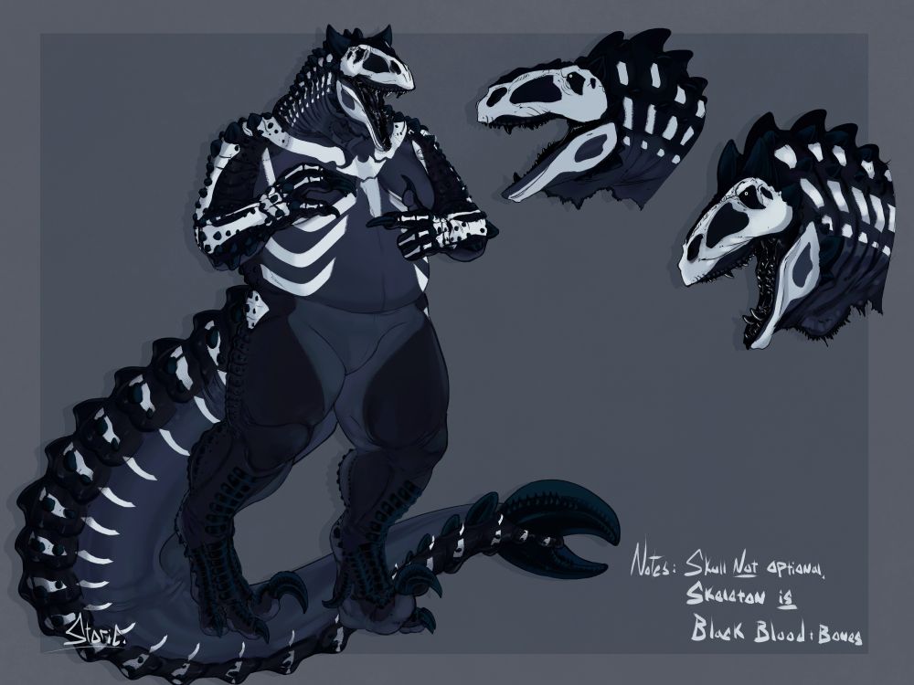 An anthro dinosaur guy, looking to be a mix between Carcharodontosaurus, an anky, some raptor features, and the bulk of a rex. He has the patterns of a skeleton running down his body, his chest, ribs, tail and both arms. Also featuring a stylized skull pattern on the head
Whole fella is black/grey/white with blue tints 