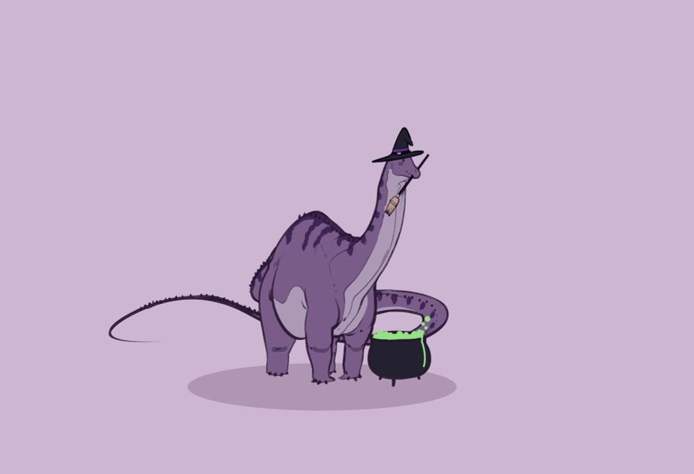 A purple brontosaurus wearing a witch hat, holding a little broom in its mouth while standing beside a classic bubbling cauldron.