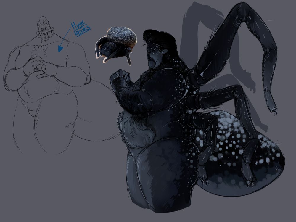 A heavy-set man with a spider abdomen and appendages. He has a pompadour and fuzzy sideburns :) He is based on a velvet spider