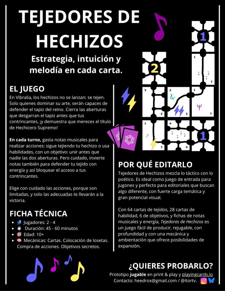 Hoja de ventas de Tejedores de hechizos: estrategia, intuición y melódica en cada carta. Secciones: el juego, ficha técnica, por qué editarlo y quieres probarlo. Se ven también 7 cartas del juego con notas musicales alrededor.
