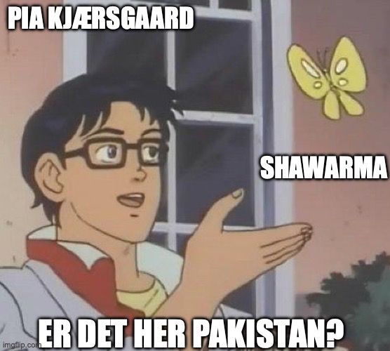 Meme skabelon hvor en person misidentificerer en sommerfugl som noget andet. Her misidentificerer pia kjærsgaard en shawarma med pakistan.