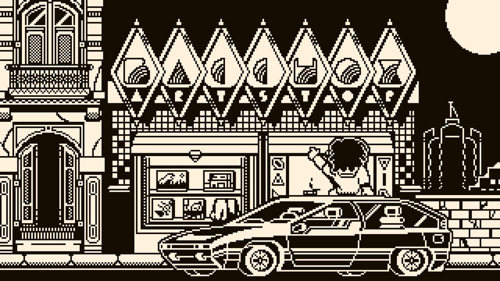 an image made in 1bit style. At the center we have a store with a lettering saying: "bacchox art stop" in the front there's bacchox sitting on the top of a car pointing to the store. At the left side we have an old house with colonial architecture and at right we can se a brick wall and some far away buildings. At the top is the moon.