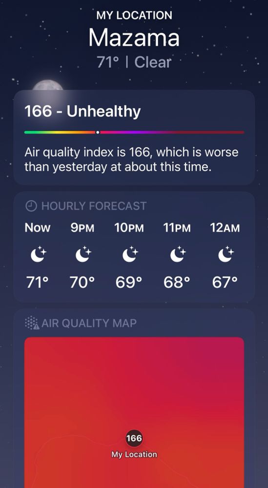 A weather report screenshot for Mazama WA showing an unhealthy Air Quality Index of 166 due to wildfire smoke, which is now omnipresent at this time of year