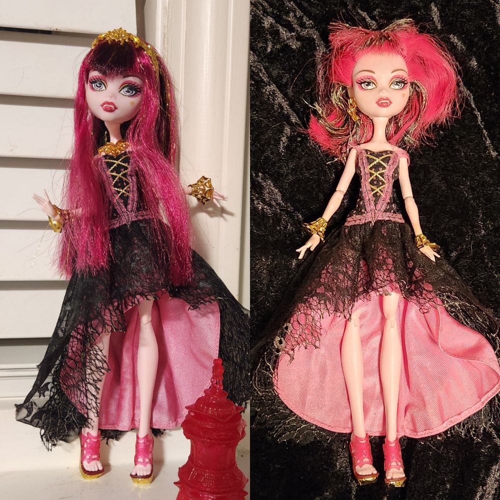 13 Wishes Draculaura doll from Monster High. She is a pink vampire with pink and black hair, a pink and black dress, and gold jewelry. One version has messed up hair and the other has restored, styled hair.
