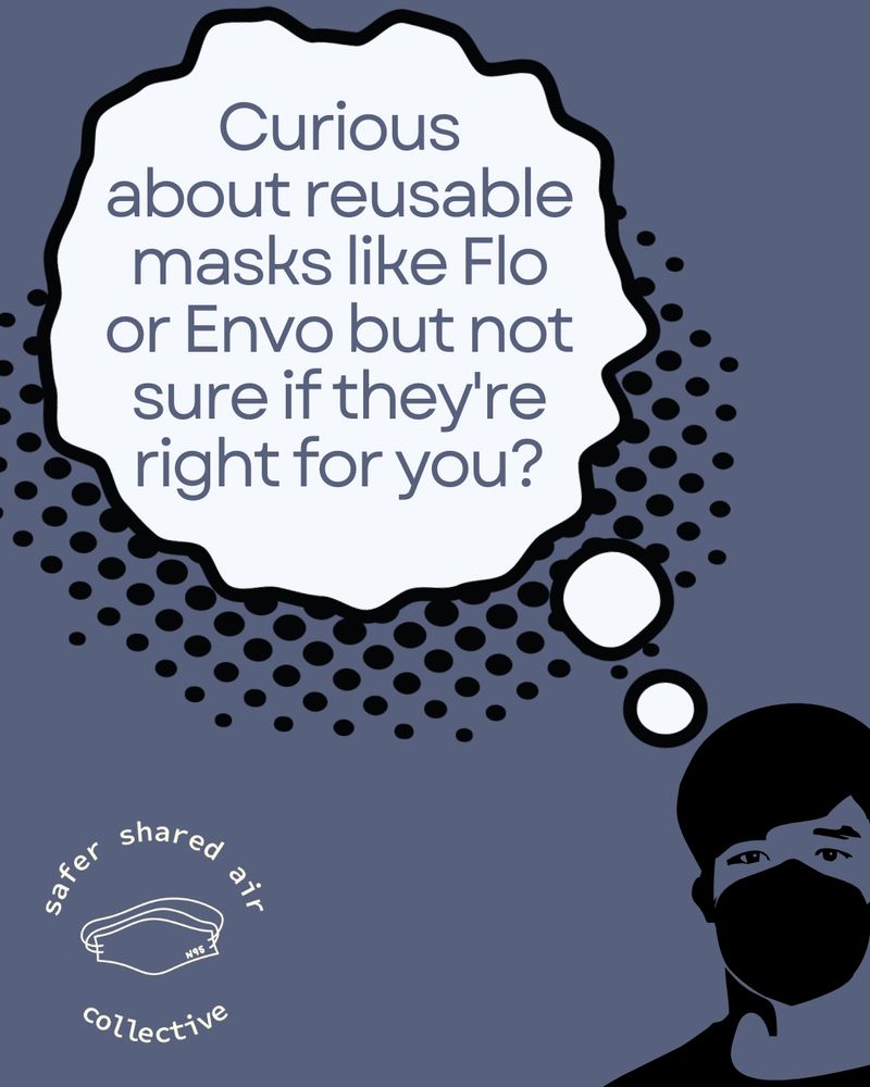 The bottom right features a stencil style image of a person wearing a face mask.  A comic style thought bubble is above them, which reads "Curious about reusable masks like Flo or Envo but not sure if they're right for you?" In the bottom left is a logo for Safer Shared Air Collective featuring a drawing of an n95 mask in the center.