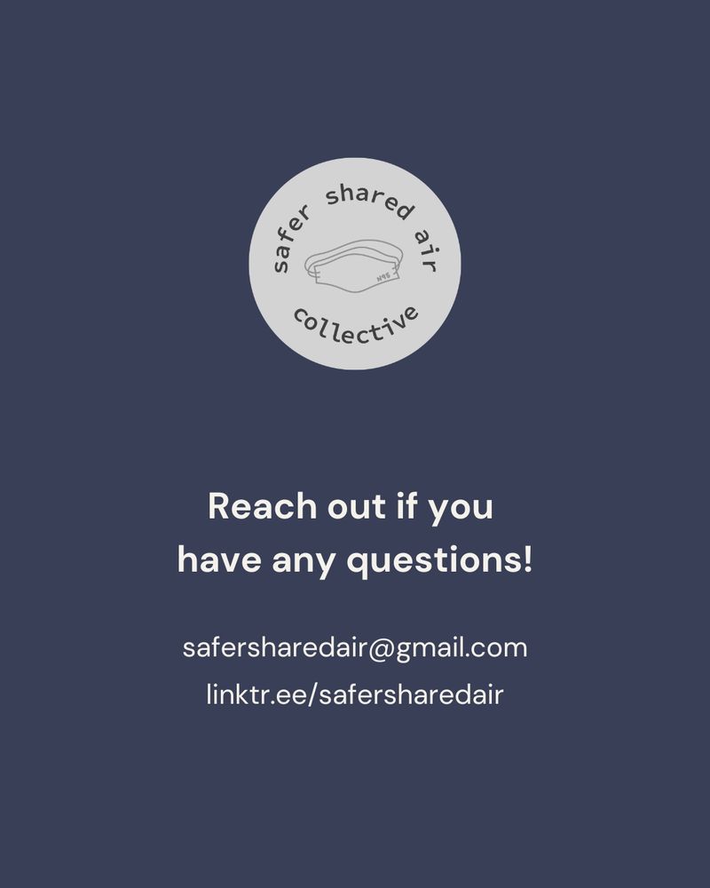 In the center is the logo for Safer Shared Air Collective featuring a drawing of an n95 mask in the center. The text beneath reads "Reach out if you have any questions! safersharedair@gmail.com linktr.ee/safersharedair"