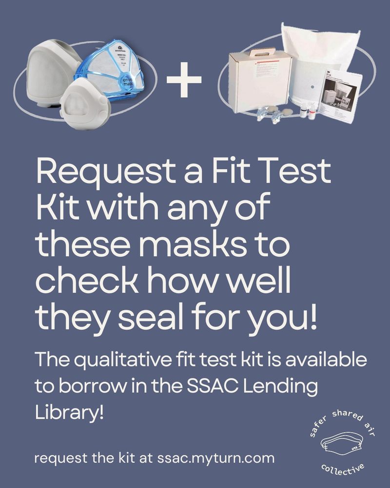 At the top there are images of Flo and Envo masks and the components of a mask fit testing kit with a plus sign between them. The text beneath reads "Request a Fit Test Kit with any of these masks to check how well they seal for you! The qualitative for test kit is available to borrow in the SSAC Lending Library! request the kit at SSAC.myturn.com" In the bottom right is the logo for Safer Shared Air Collective featuring a drawing of an n95 mask in the center.