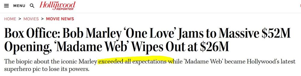 Headline from Hollywood reporter reading, in part, "Box Office: Bob Marley 'One Love' Jams to Massive $52M Opening" - the lede below contains the highlighted phrase "exceeded all expectations"