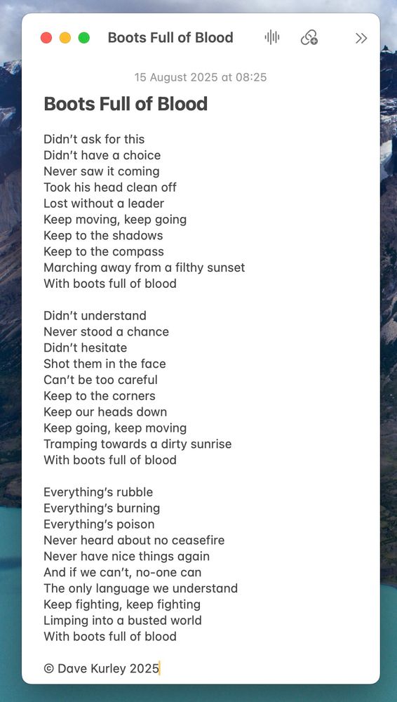 Boots Full of Blood

Didn’t ask for this 
Didn’t have a choice
Never saw it coming
Took his head clean off
Lost without a leader
Keep moving, keep going
Keep to the shadows
Keep to the compass 
Marching away from a filthy sunset
With boots full of blood

Didn’t understand
Never stood a chance
Didn’t hesitate
Shot them in the face
Can’t be too careful 
Keep to the corners 
Keep our heads down
Keep going, keep moving
Tramping towards a dirty sunrise
With boots full of blood

Everything’s rubble
Everything’s burning
Everything’s poison 
Never heard about no ceasefire 
Never have nice things again
And if we can’t, no-one can
The only language we understand
Keep fighting, keep fighting
Limping into a busted world
With boots full of blood

© Dave Kurley 2025