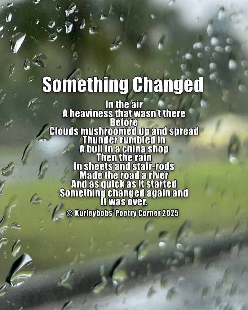 A rainy day in Rio, from the back seat of a drenched cab.  

Something Changed

In the air
A heaviness that wasn’t there
Before
Clouds mushroomed up and spread 
Thunder rumbled in
A bull in a china shop 
Then the rain 
In sheets and stair-rods 
Made the road a river 
And as quick as it started 
Something changed again and
It was over. 